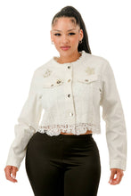 White Lace & Pearl Embellished Cropped Denim Jacket