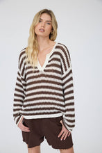 STRIPE RAW EDGE SPLIT NECK SHEER KNIT SWEATER : NAVY