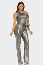 Black Asymmetrical Shoulder Shirring Tie Top & Pants Set