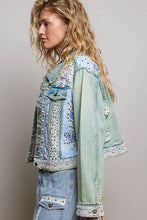Cropped Pearl Studs Floral Patch Trim Denim Jacket: DENIM / M