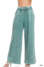 Light Olive Acid Wash Fleece Palazzo Sweatpants With Pockets