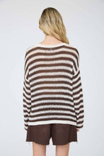 STRIPE RAW EDGE SPLIT NECK SHEER KNIT SWEATER : NAVY