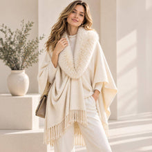 Ivory Faux Fur Collar Trim Fringe Shawl Poncho