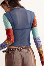 Navy Sheer Mesh Floral Patchwork Mock Neck Top