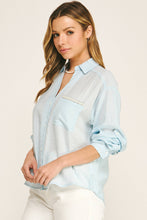 Light Blue Pearl Pocket Relaxed Button Down Blouse