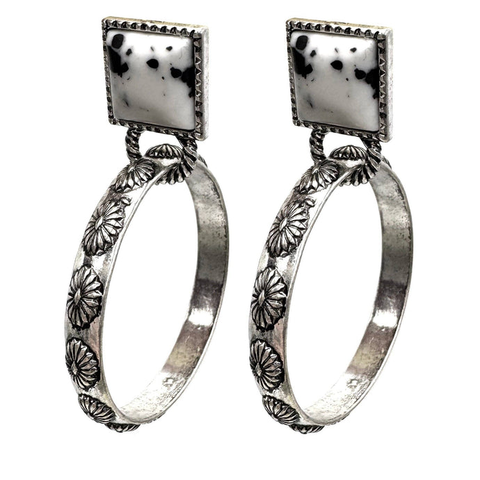 White Square Stone Stud Western Hoop Earrings: