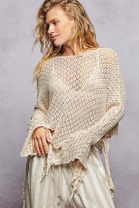 Cream Round Neck Crochet Raw Edge Solid Knit Top