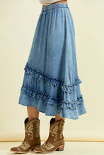 Denim Asym Ruffle Midi Skirt
