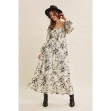 Cream Charcoal Cozy Fall Picnic Floral Smocked Maxi Dress