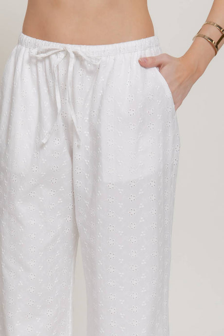 Off White Eyelet Woven Long Pants