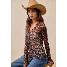 Leopard Button Up V Neck Mesh Top