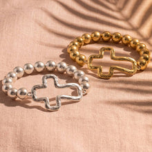 Silver Hammered Open Cross Ball Bead Stretch Bracelet