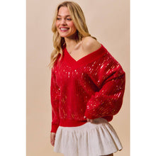 Red Christmas Sequins V Neck Sweater