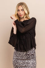 Black Smocked Neck Sheer Sleeve Blouse Top