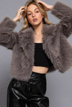 Grey Long Sleeve Notched Collar Faux Fur Cropped Jacket