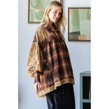 Brown Mixed Plaid Bubble Short Sleeve Oli+Hali Blouse