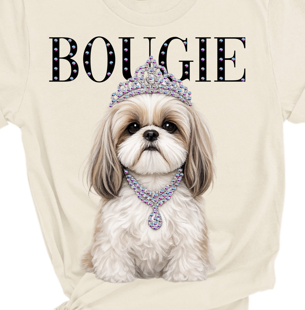 Natural Susie Bougie Shih Tzu Glam Dog Rhinestone Graphic Tee