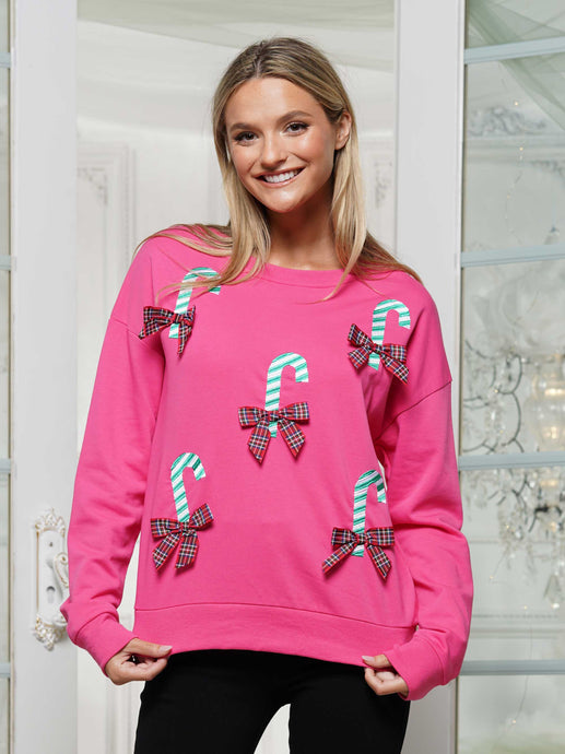Pink Candy Canes And Plaid Bows Long Sleeve Sweatshirt