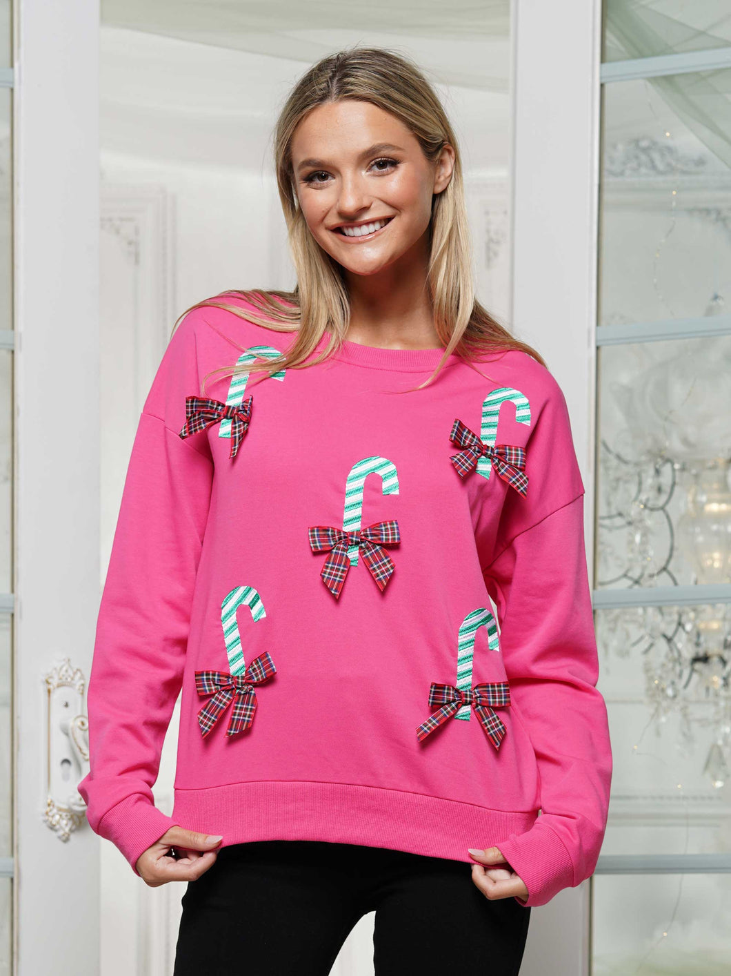 Pink Candy Canes And Plaid Bows Long Sleeve Sweatshirt