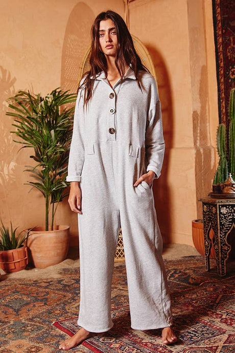 Heather Grey French Terry Boxy Button Up Bucketlist Jumpsuit