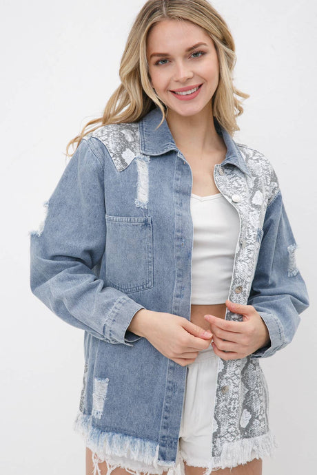 Denim Snake Print Color Block Shirt Jacket