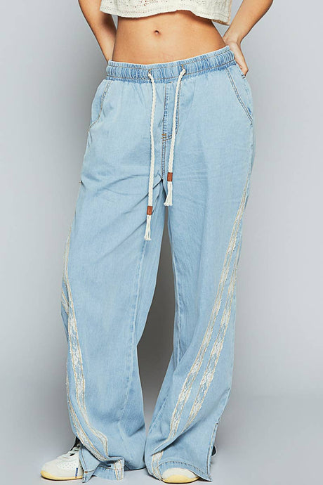 Contrast lace stripe textured woven denim POL Pants