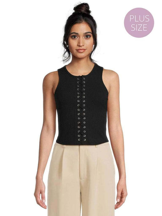 Black Beauty Plus Sleeveless Drawstring Front Solid Top