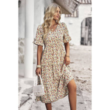 Beige Floral Print Fit Ruffle Sleeve Midi Dress