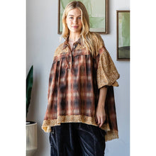 Brown Mixed Plaid Bubble Short Sleeve Oli+Hali Blouse