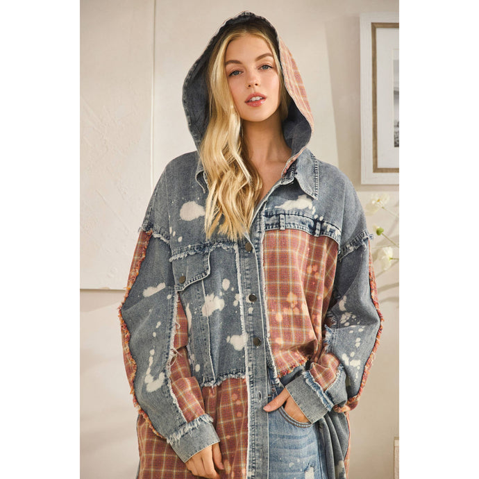 Denim Marsala Washed Bleached Plaid Button Front Oli+Hali Shacket