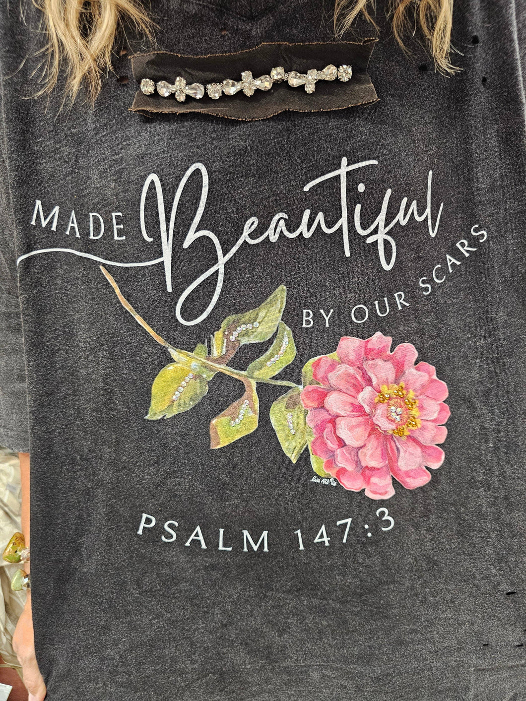 Made Beautiful By Our Scars Tattered Tee: Sm