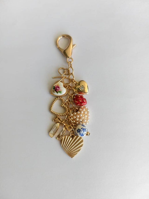 Gold Porcelain Bows Hears Pearl Strawberry Bag Charm