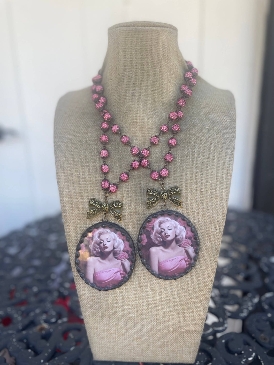 Soldered and Rhinestone Marilyn Monroe Bow Gypsy South Necklace
