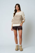 STRIPE TEXTURED KNIT HALF SLEEVE KNIT SWEATER (PRE-ORDER): NAVY