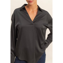 Black Collared V-Neck Satin Blouse