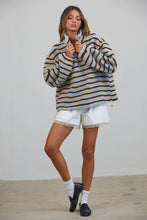 Blue Brown Relaxed Sherpa Striped Half Zip Pullover