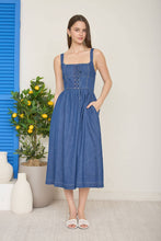 Denim Front Lace Up Sleeveless Midi Dress
