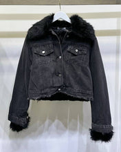 Black Denim Fur Cuff and Collar Venti Jacket