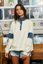 Cream Washed Blue Color-Block Snap-Neck Sweatshirt
