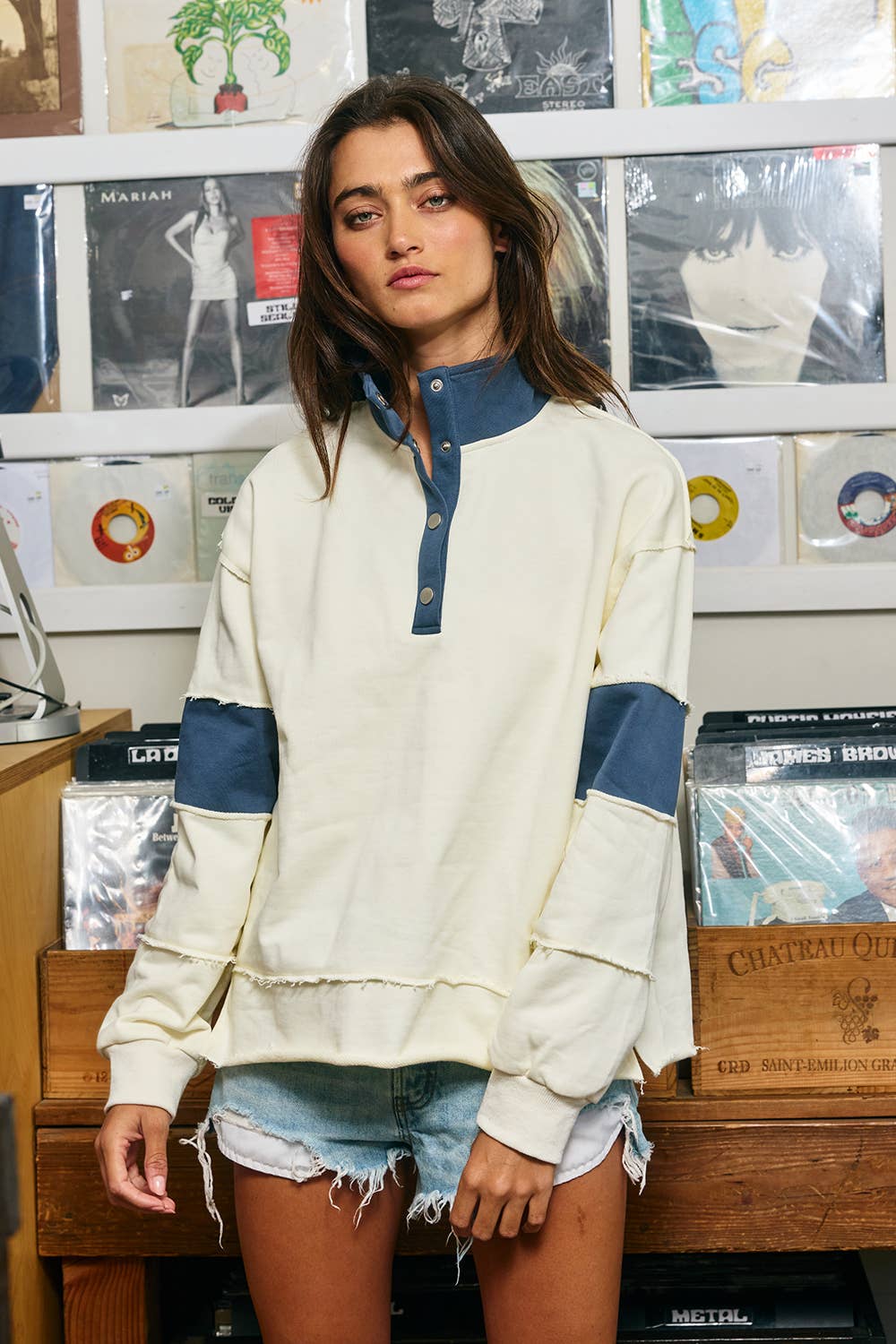 Cream Washed Blue Color-Block Snap-Neck Sweatshirt
