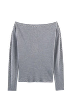 Grey Studded Long Sleeve Off Shoulder Top