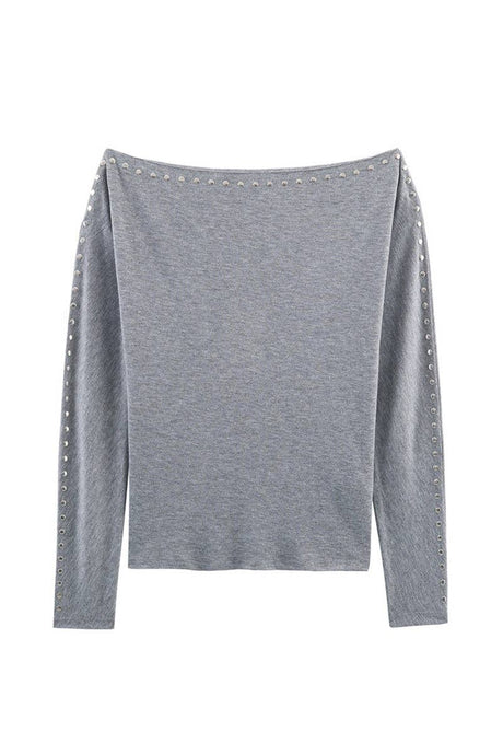 Grey Studded Long Sleeve Off Shoulder Top