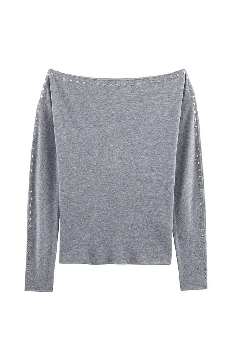 Grey Studded Long Sleeve Off Shoulder Top