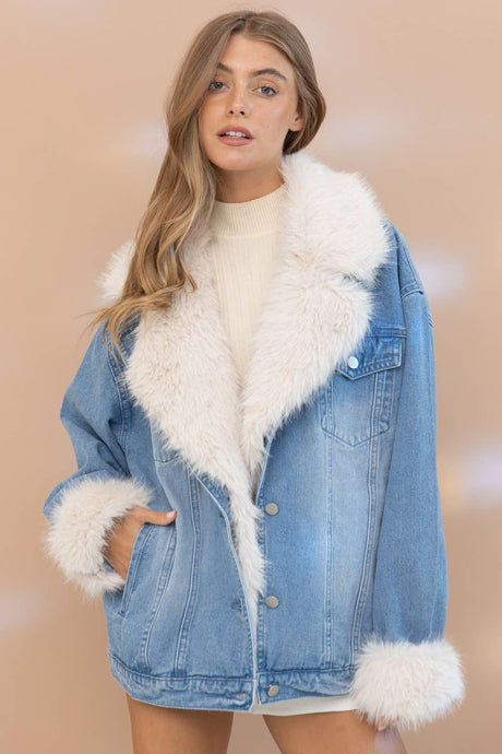 Fur Collared Cuff Over sized Washed Denim Jacket