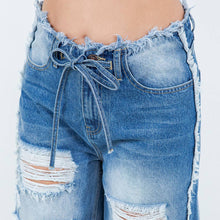Blue Wash Drawstring Distressed Wide Jeans