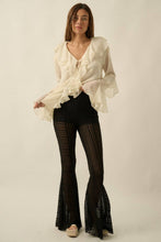 Cream Sheer Chiffon Tie-Front Ruffled Poet Blouse