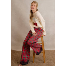 CHRISTMAS PLAID CHECK LACE TRIM WIDE LEG ELASTIC MID RISE PA: RED MULTI / M