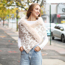 Beige Faux Fur Trim Leopard Pattern Shawl Wrap