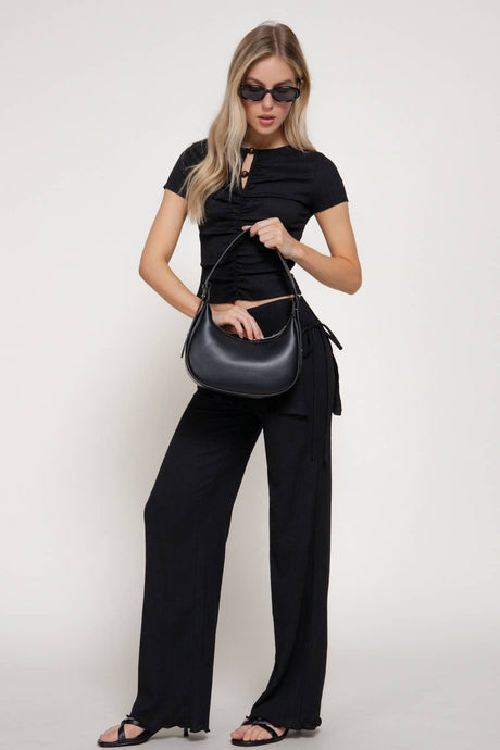 Black Tied Overwrap Front Texture Knit Long Pants