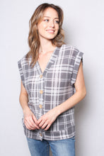 Black White Fuzzy Plaid Button Front Sweater Vest Top